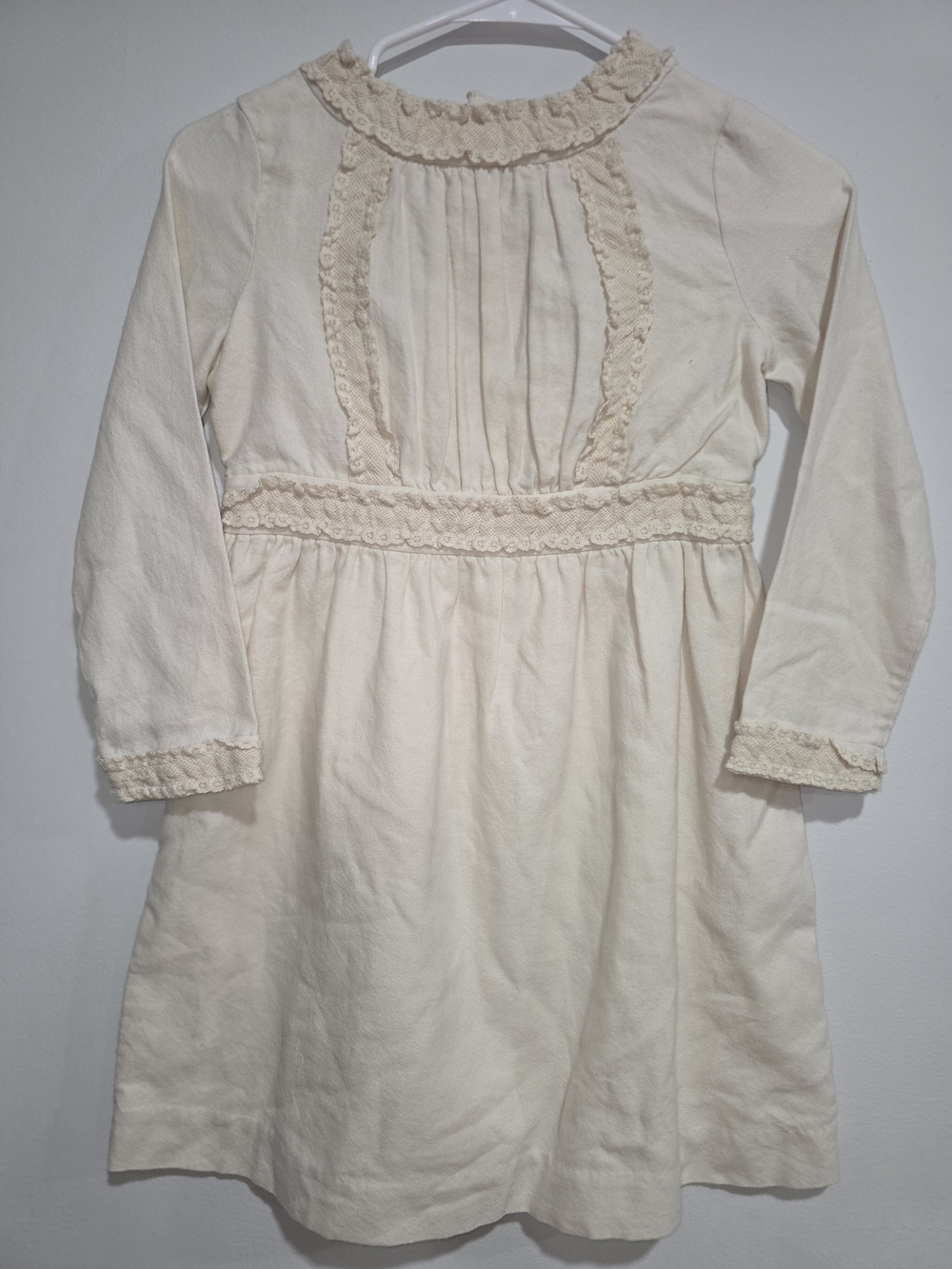 Bonpoint Cream Lace-Trim Long-Sleeve Dress
